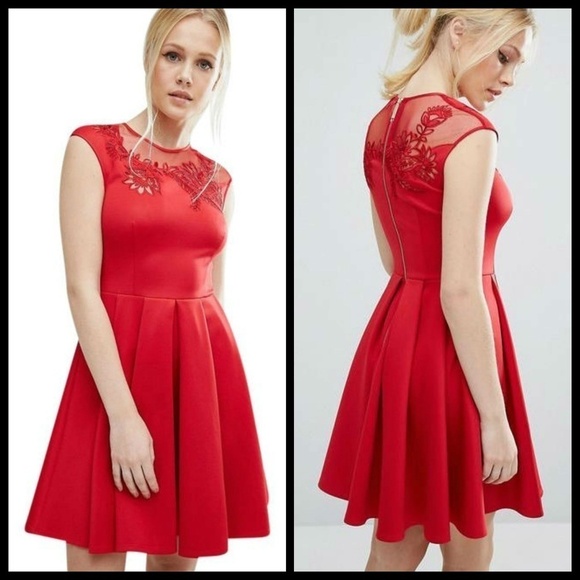 💕TED BAKER💕 Red Embroidered Mesh Cut Out Dress - Picture 1 of 8